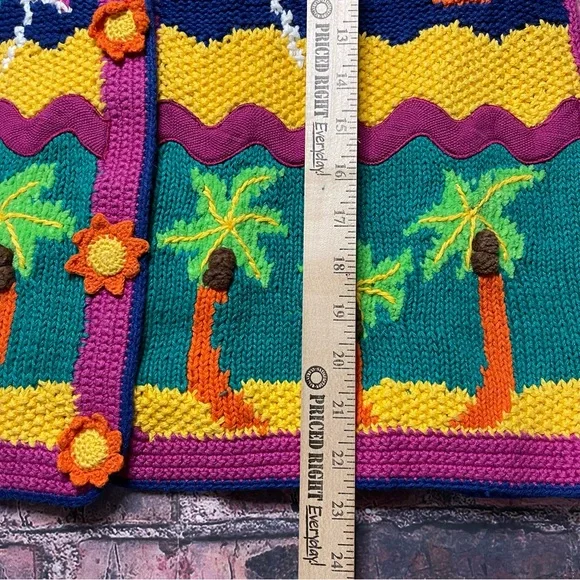 Vintage Marisa Christina XL 90s Hand Knit Beach Theme Pattern Cardigan Sweater - Picture 7 of 9